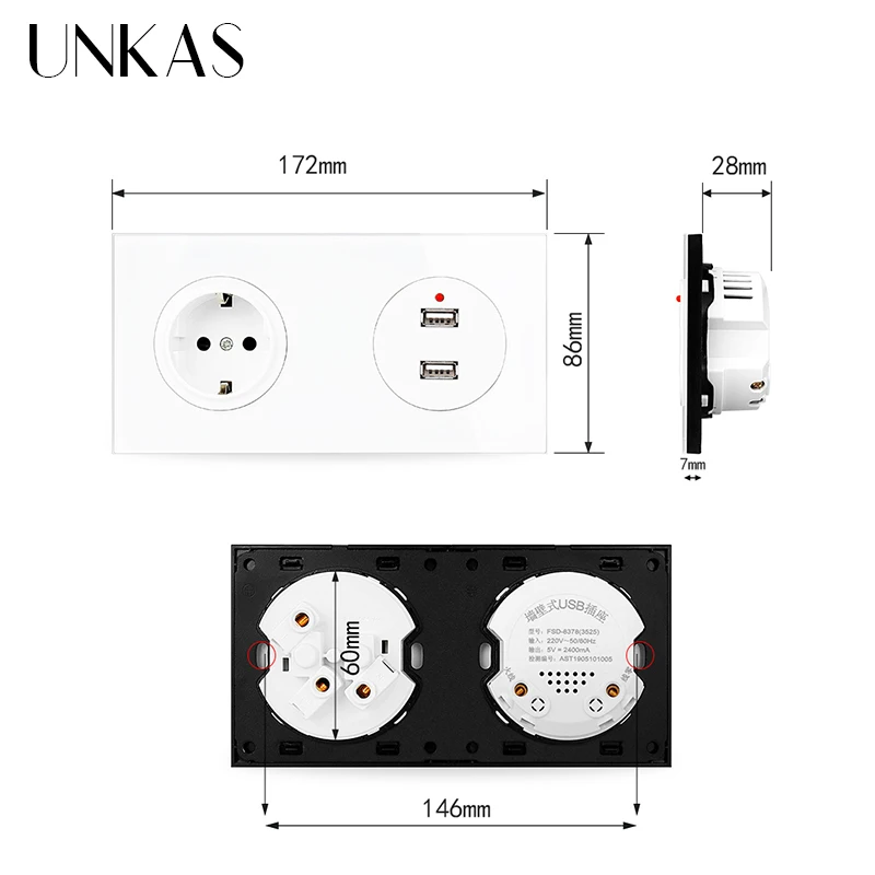 UNKAS 16 А настенная розетка стандарта ЕС + двойной USB-порт для зарядки 172 выход мм * 86