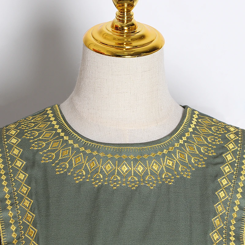 

GALCAUR Green Embroidery Party Dress Female O Neck Lantern Long Sleeve Print Ruched Hit Color Women's Dresses 2020 New Clothing
