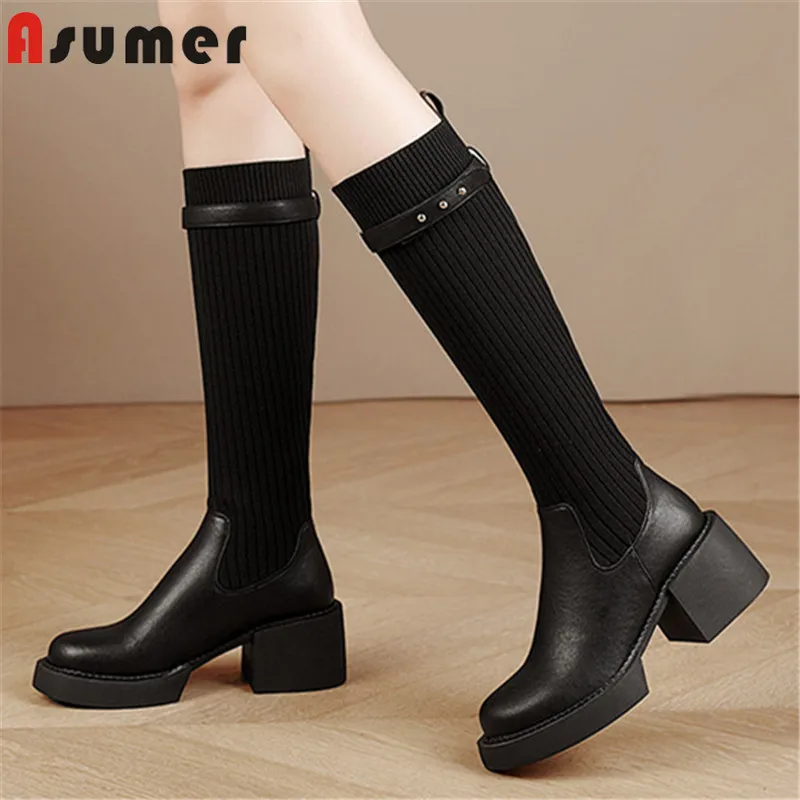 

Женские эластичные сапоги-чулки ASUMER, из натуральной кожи, на платформе и высоком каблуке, без застежки, осенние сапоги до колена, 2022