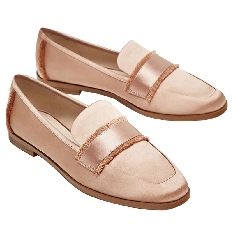 2021 Summer Flats Shoes Women Silk Pink Single Shoes Bridesmaid Bride Wedding Shoes Korean Version Leisure Square Toe Mules Shoe