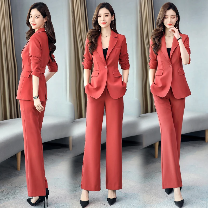 Женский брючный костюм из двух предметов Офисная однотонная блузка с длинным