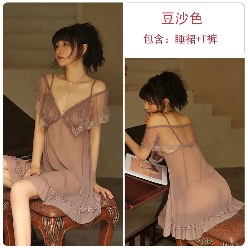 

Sexy Mousse Palace Style Sling Bud Silk Gauze Thin Large Size Perspective Sexy Lingerie Young Girl Nightdress Nightgown Suit