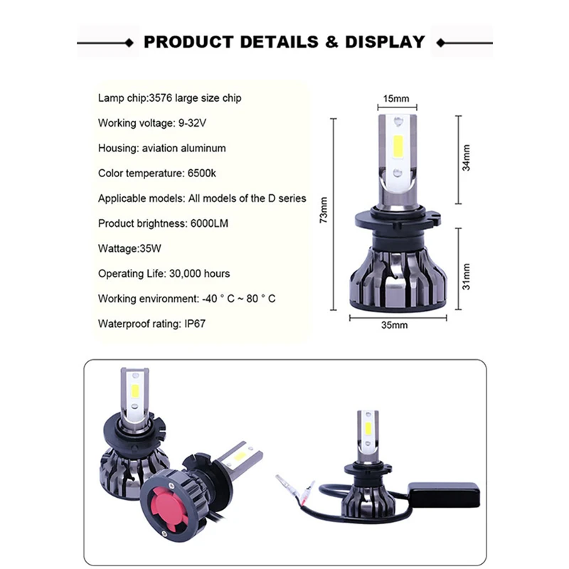 2 шт. Автомобильные светодиодные лампы 6500 К 70 Вт|Передние LED-фары для авто| |
