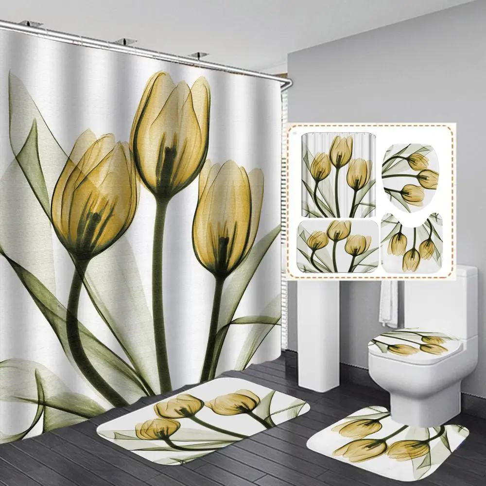 

Beautiful Flower Print Shower Curtain 4 Piece Carpet Cover Toilet Cover Bath Mat Pad Set Bathroom Curtain with 12 Hooks