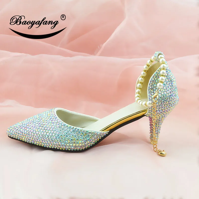 

2019 New arrival Pointed toe Womens wedding shoes woman crystal party dress shoes plus size White AB Drill Crystal Shoes
