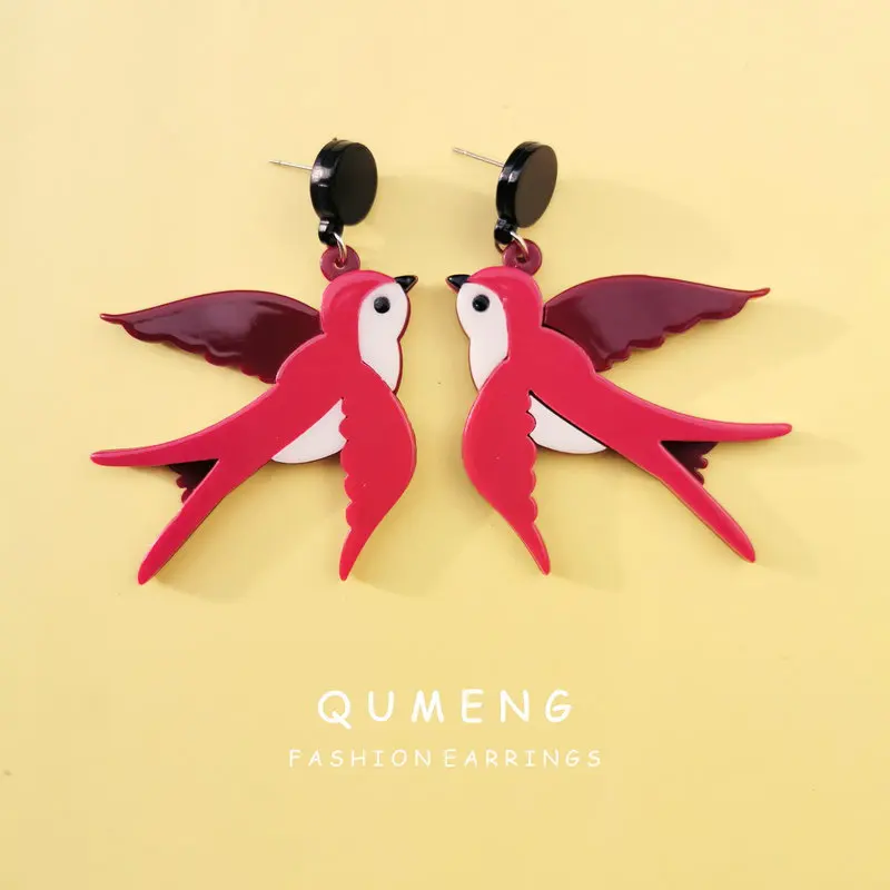 

QUMENG korean Creativity Acrylic Swallow stud Earrings For Women Exaggerated rose red Birds Pattern Long Statement Jewelry