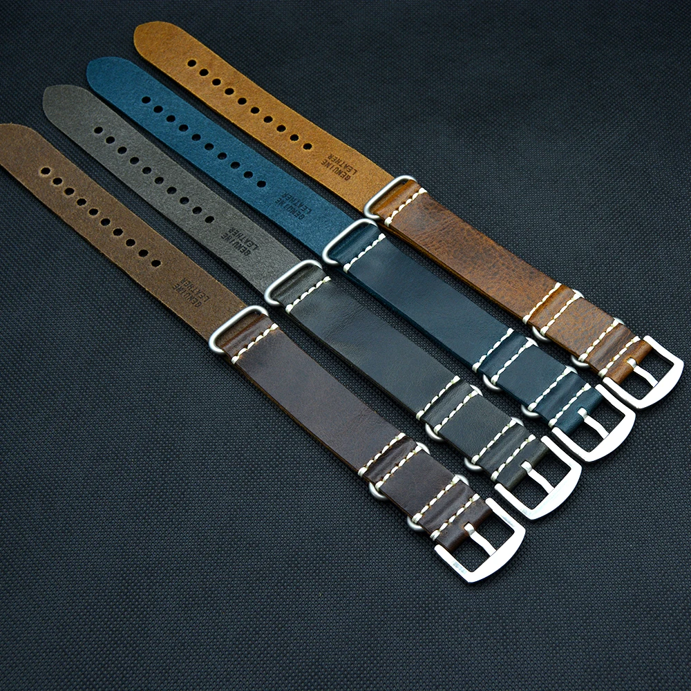 

Men's Retro replace Strap NATO Zulu 20 22 24mm Cowhide cozy Watch Band Oil wax Crazy Horse Skin Wristband Genuine Leather Belt