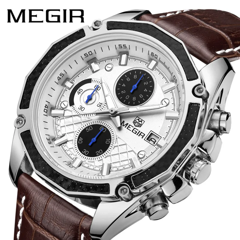 

MEGIR Official Quartz Men Watches Fashion Genuine Leather Chronograph Watch Clock for Gentle Men Male Students Reloj Hombre