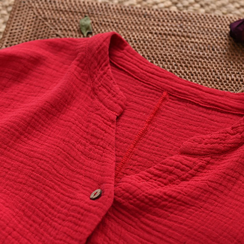 Johnature Autumn Loose Retro 3 Color V-neck Long Sleeve All-match Women Tops T-shirts2021 New Cotton Linen Comfortable T-shirt | Женская