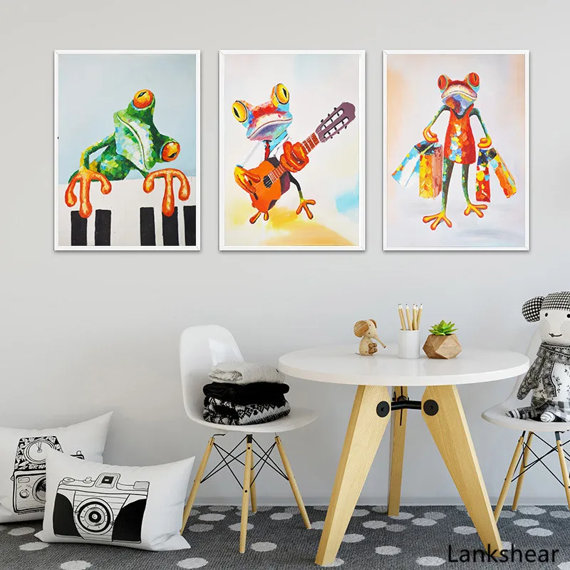 Colorful Frog Playing Piano Guitar and Shopping Child Wall Poster Canvas Art Print Painting Kids Decoration Picture Bedroom | Дом и сад
