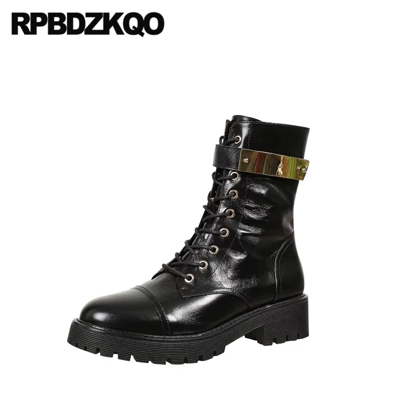 Металлический Лакированная кожа женские армейские Черные ботильоны на шнуровке