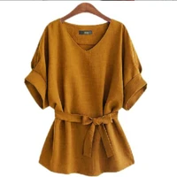 women spring summer style blouses shirt lady casual short sleeve v neck solid with leather belt womens loose tops df3528