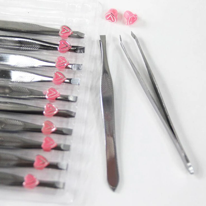 

12pcs Hair Removal Tweezers Stainless Steel Eyebrow Tweezers Pink Slanted Black Tip Point Face Harmless Makeup Beauty Tool