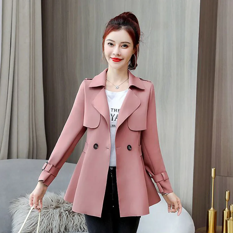 

Elegant Notched Collar Short Trench Coat Women 2021 Spring Autumn Korean Fashion Windbreaker Jacket Casual Long Sleeve Outerwear