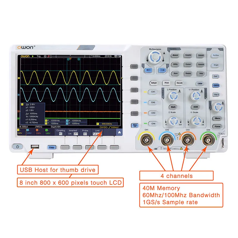 Owon XDS2102A цифровой осциллограф ЖК-дисплей Дисплей 2 Каналы 100 МГц полоса