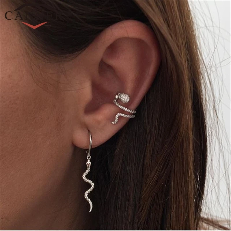 

1 pcs 925 Sterling Silver Clip Earrings Female Fashion ins Double Ear Clip Fun Animal Snake Zircon No Ear Hole Ear Cuff
