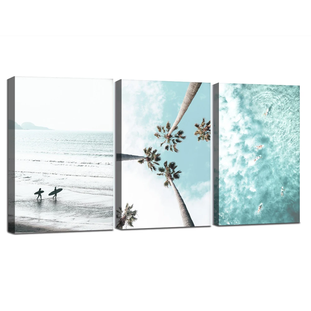 

Summer Prints Landscape Nordic Painting Framed Wall Art for Living Room Beach Ocean Waves Canvas Picture Ready To Hang Poster