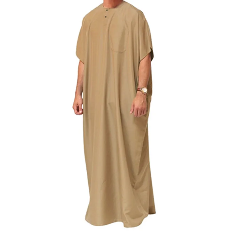 

2021 Jubba Thobe Men Islamic Arabic Kaftan Solid Short Sleeve Loose Retro Robes Abaya Middle East Muslim Clothing