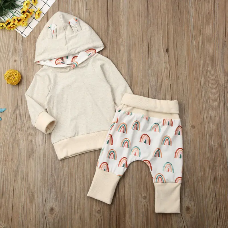 Infant Baby Boy Girl Autumn Clothes Hooded Tops Rainbow Stripes Long Pants Outfit Set Spring Clothing | Детская одежда и обувь