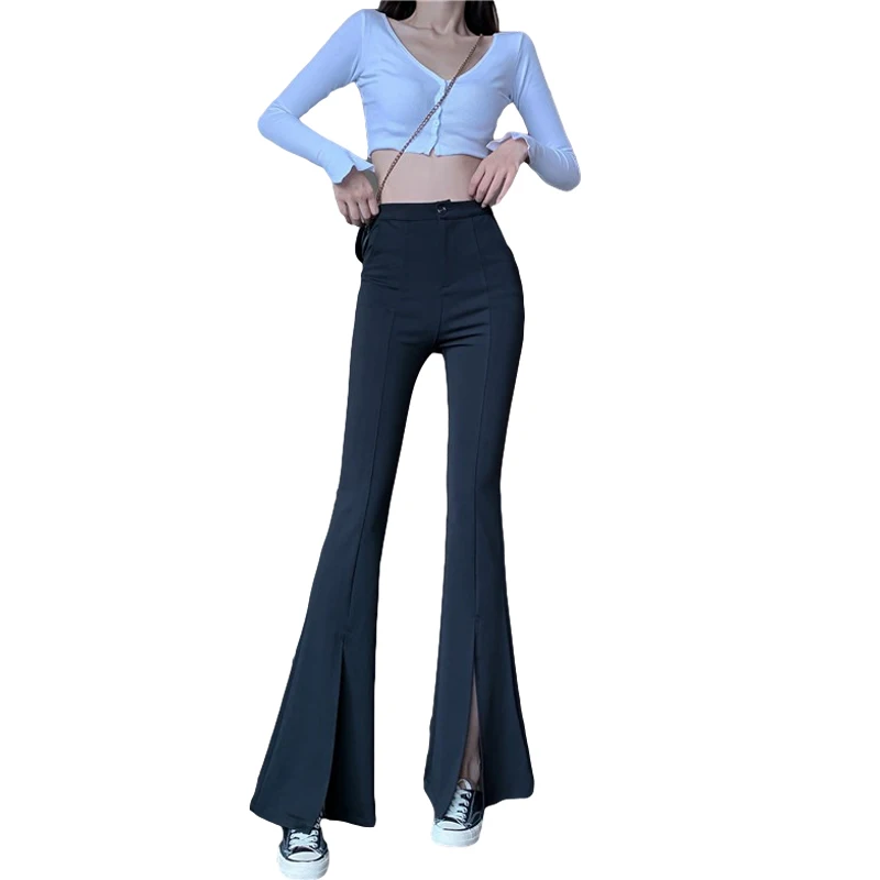 

2021 New Quarter Women's Elastic Waist Solid Flare Pants Stretchy Bell Bottom Black Split Suit Trousers New Arrival Clothing