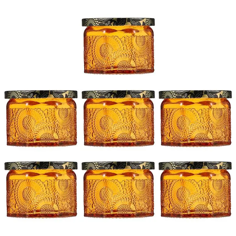 

7pcs Candle Cups Embossed Glass Candle Containers Empty Round Candle Making Jars With Lids For Candle Making