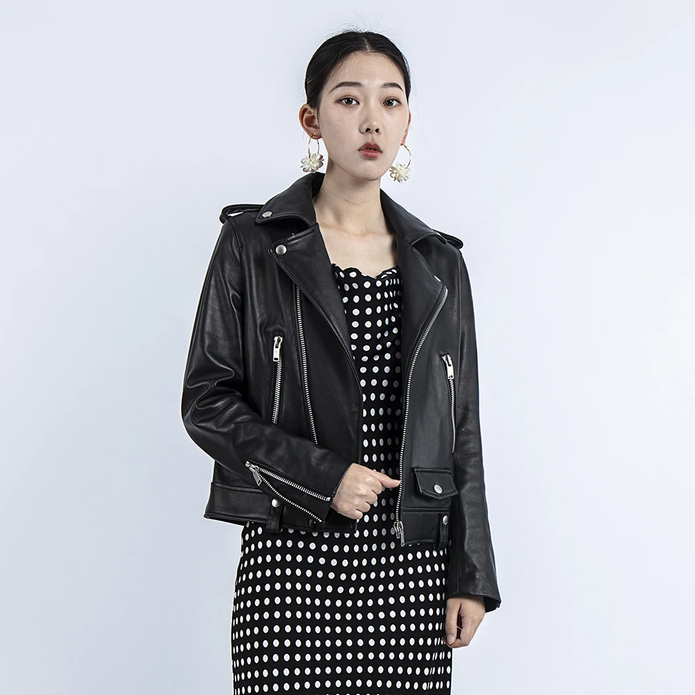 

Autumn Genuine Women 2020 Fashion Real Sheepskin Rivet Motorcycle Biker Jacket Female Sheep Leather Coat