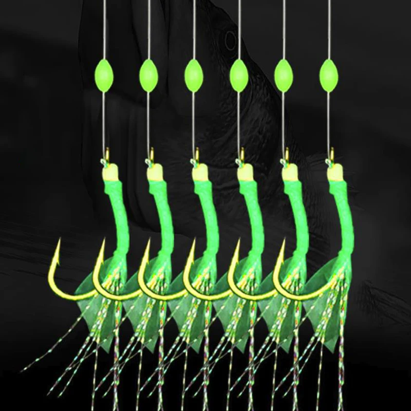 6pcs/bag Rigs Saltwater Artificial Fishing Lures Green Leather Rubber Hook Sea Bait Mackerel Pesca Tackle String Hooks Lures 2