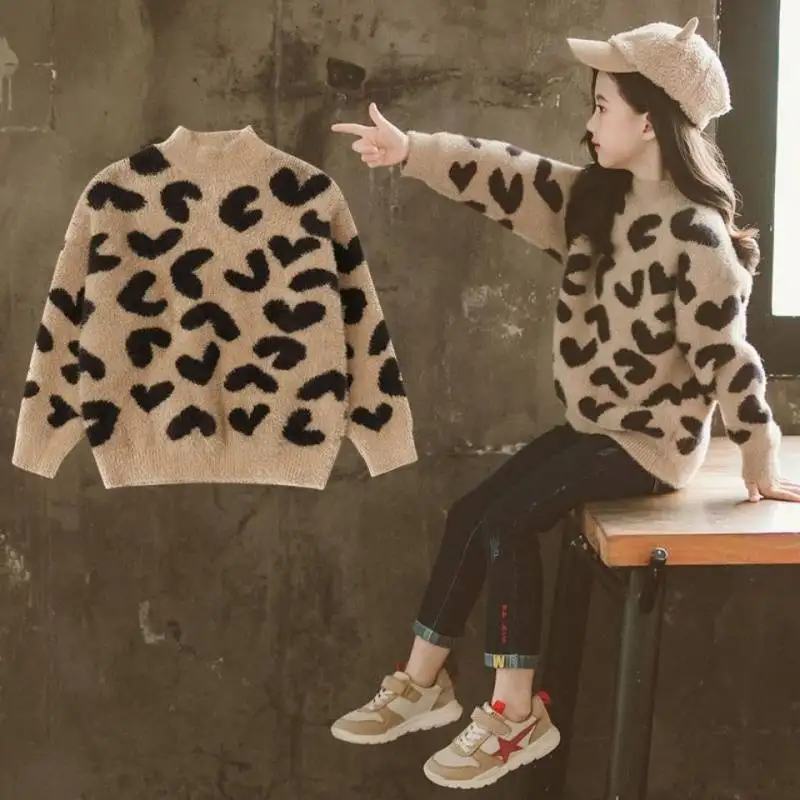 

Girls Sweater Kids Coat Outwear 2022 Leopard Plus Velvet Thicken Warm Winter Autumn Tops Fleece Christmas Children's Clothing