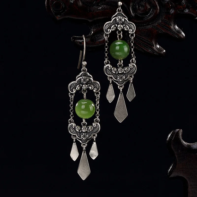 Женские серьги-капли из натурального нефрита S925 ретро длинные серьги с бахромой