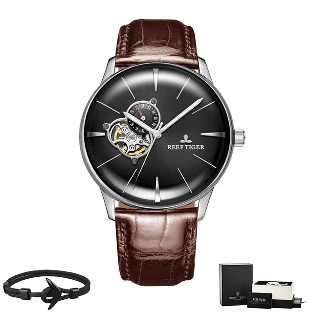 Reef Tiger бренд Tourbillon черный циферблат водонепроницаемые автоматические часы Топ Механические Роскошный кожаный ремешок мужские часы reloj hombre - Цвет: RGA8239-YBS Box Gift