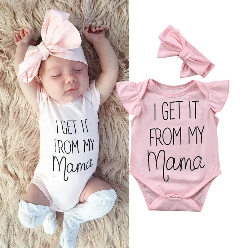 

Newborn Baby Girls Romper Letter print Short Sleeve Round Neck Jumpsuit and Bow Headband Outfits Clothes Set