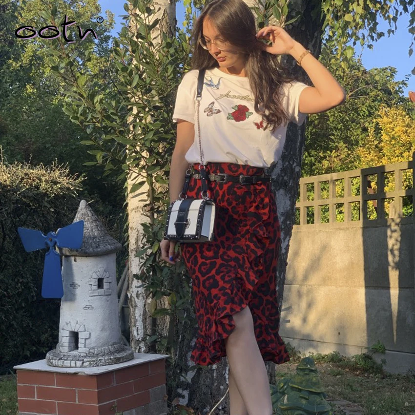 Ootn Leopard длинная юбка женский Высокая талия длинная юбка Женский Улица рябить животных печати юбка Женский Лето Красный для отдыха