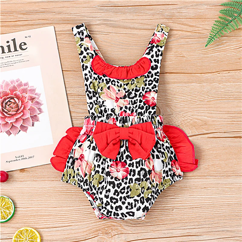 

Baby Girl Summer Leopard Creative Bodysuit ,Newborn Fashion Sleeveless Flower Print U-shaped Neck Bowknot Ruffle Bodysuit