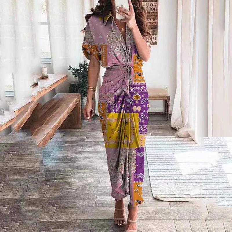 

Женское платье на пуговицах, с отложным воротником, винтажное облегающее платье с принтом и высокой талией, элегантное уличное платье с кор...