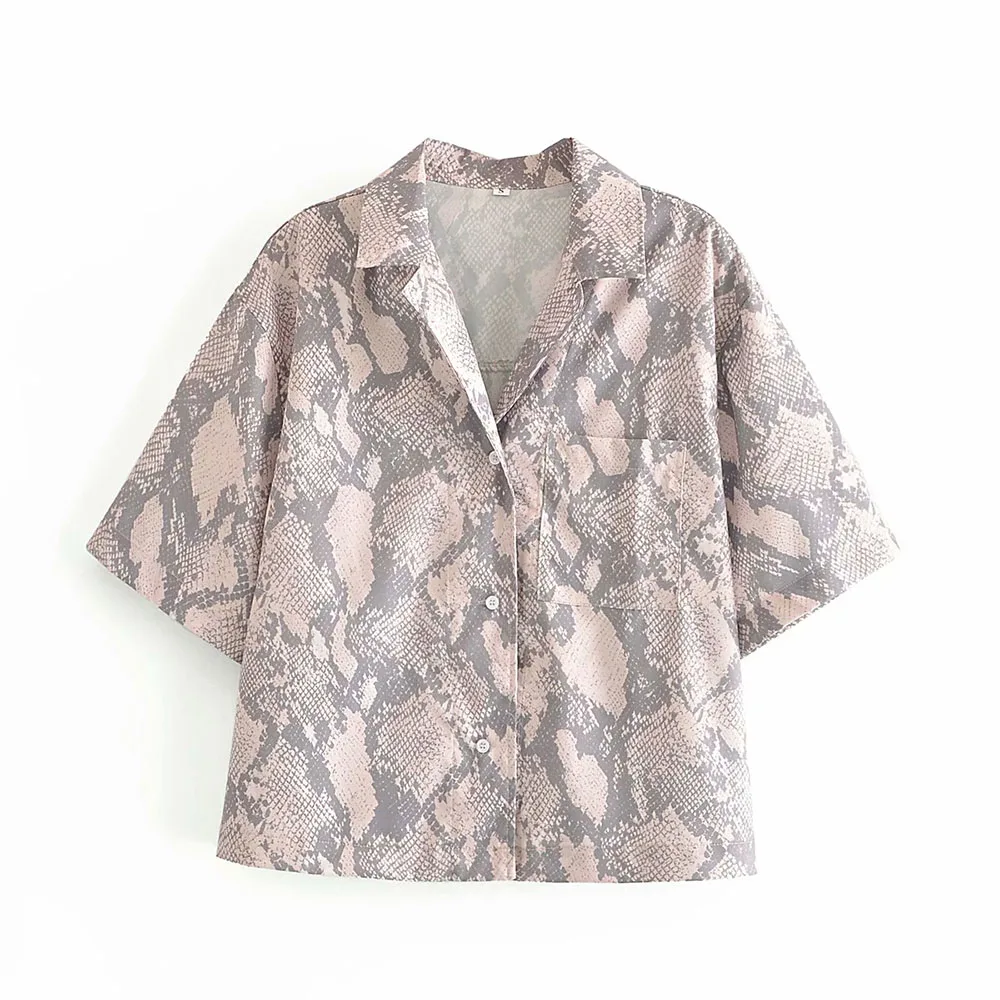 

Женская универсальная рубашка Za, повседневная однобортная блузка со змеиным принтом и коротким рукавом, Свободный Топ, лето 2021