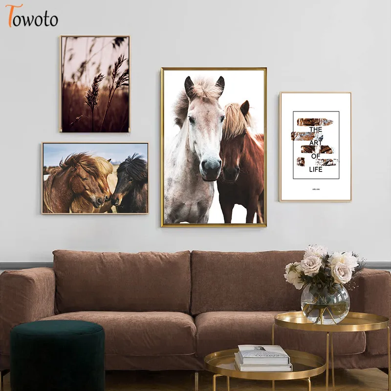 Коричневый Fild живопись на холсте с изображением лошади принт пейзаж