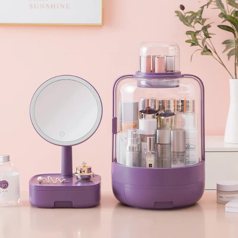 

Women LED Light Makeup Organizer HD Mirror Cosmetic Storage Make up Box Creative Beauty Box Detachable Desktop Plastic Organizer