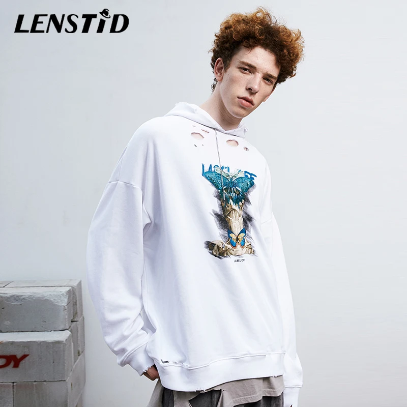 Мужская толстовка в стиле хип хоп LENSTID хлопковая с капюшоном и принтом бабочки