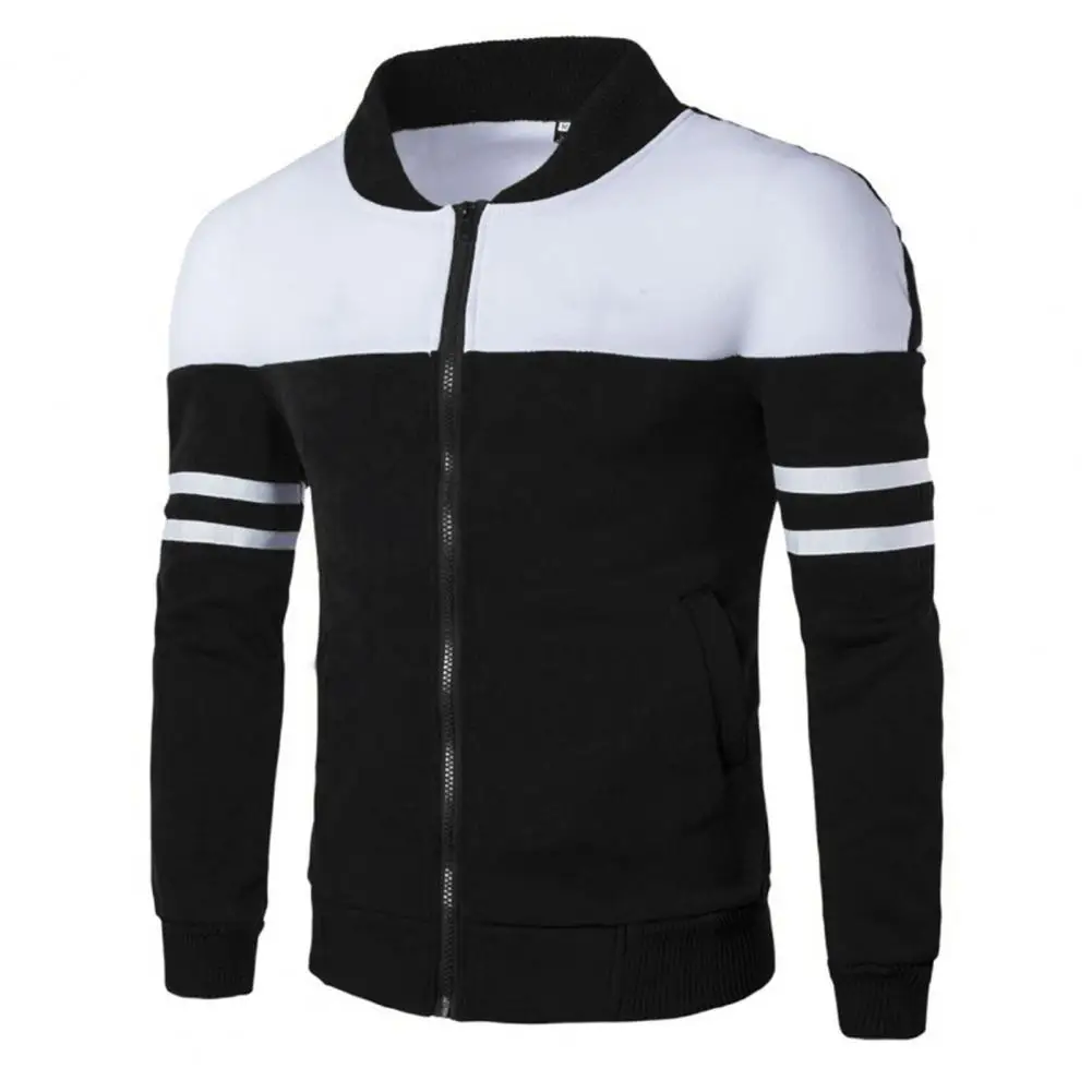 

Winter/Autumn Men's Jacket Contrast Colors Patchwork Stripe Stand Collar Spring Jacket for Daily Wear