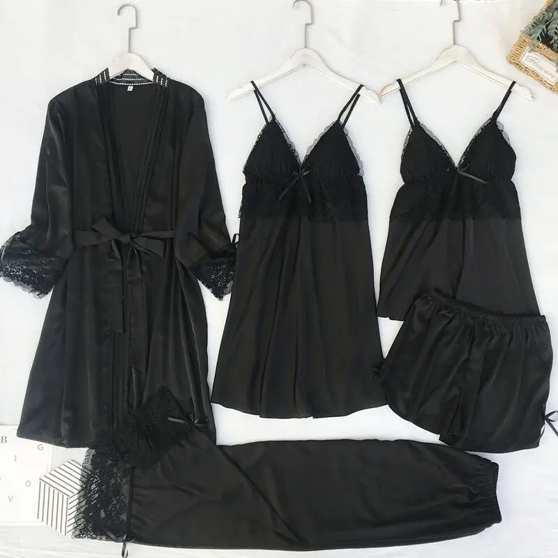 Сексуальный женский халат и кружевной Атласный + Ночное платье комплект ночного