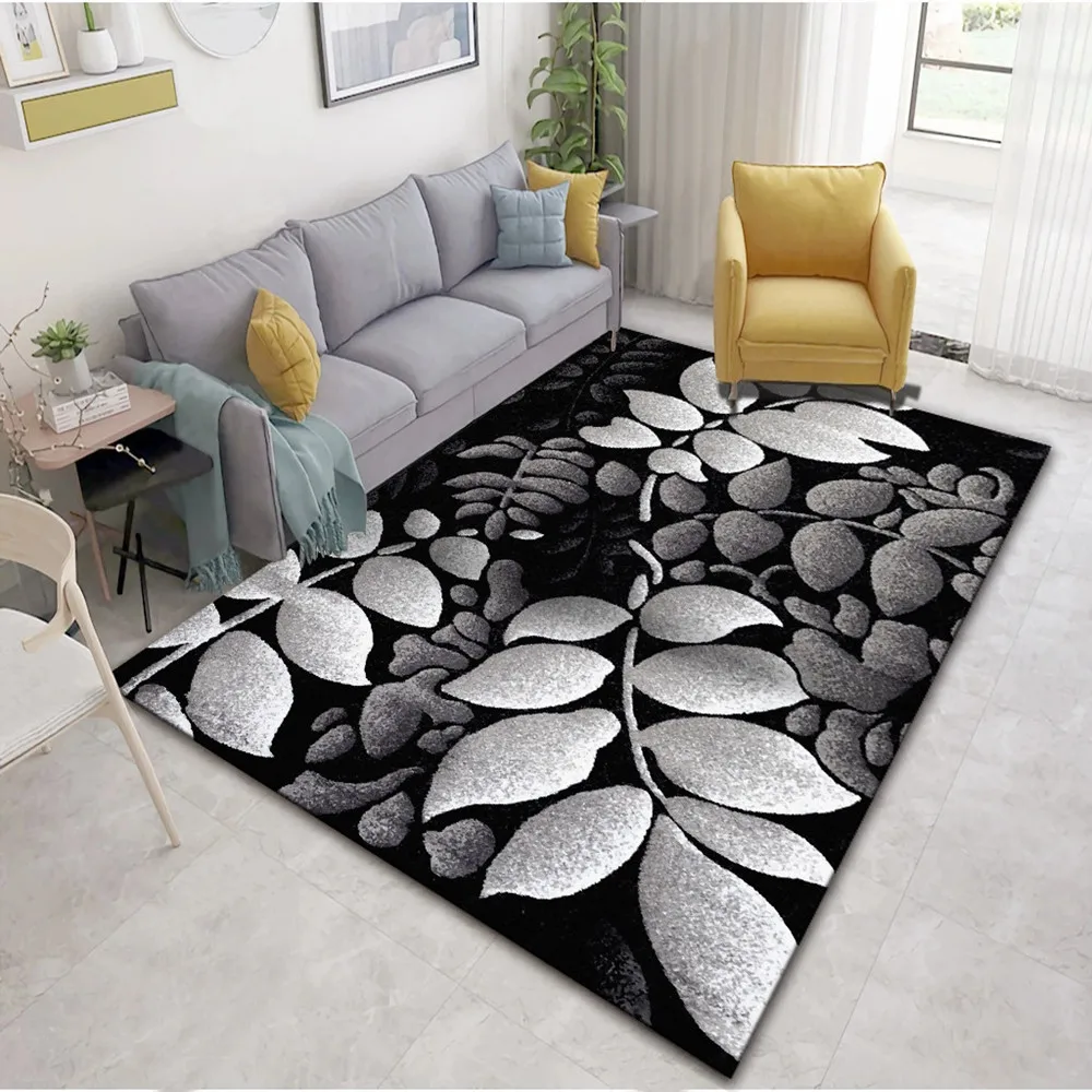 

Black White Leaf Geometric Printed Carpet Modern Living Room Large Size Carpets Kids Room Crawl Floor Rug Child Bedroom Play Mat