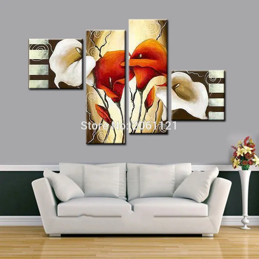 

100% handmade HOME DECOR SOFA background YELLOW RED flowers landscape Oil Painting canvas ART 5pcs/set PICTURE Present