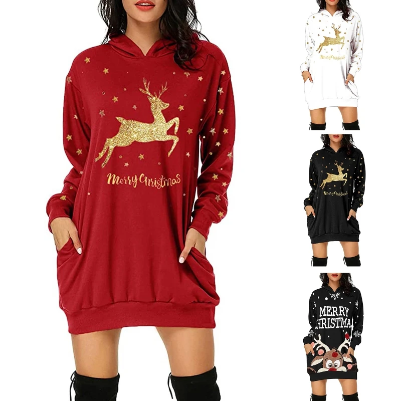 

Женский Рождественский пуловер с длинным рукавом, толстовки, платье с принтом оленей, свободная Праздничная туника, свитшот, топы с кармана...