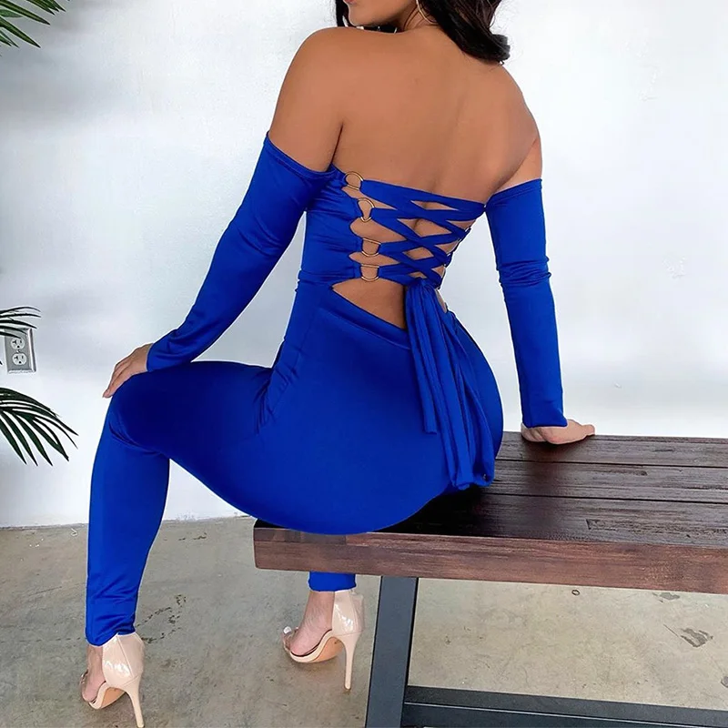 Женский комбинезон с открытыми плечами длинным рукавом на шнуровке высокой талией открытой спиной