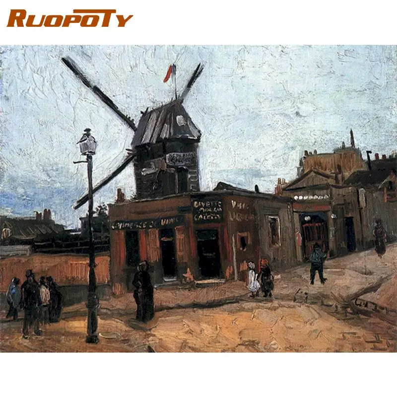 

RUOPOTY 60x75cm Frame Painting By Numbers Windmill And House Landscape Oil Picture By Number Handmade DIY Gift Home Artwork