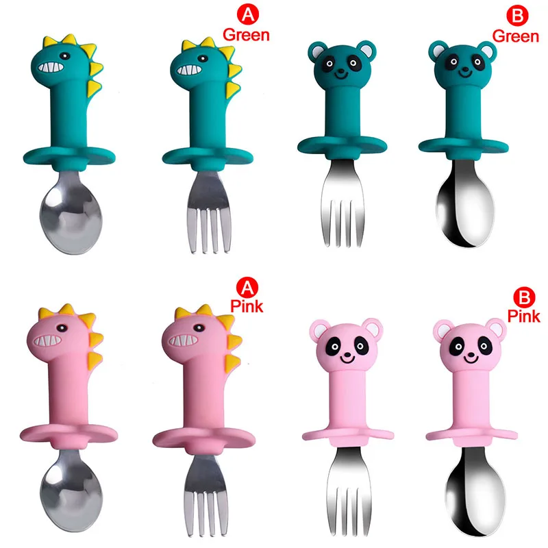 

Baby Feeding Spoon Fork Set Silicone Handle Cartoon Dinosaur Tableware Infant Heat-Resistant Stainless Steel Spoon Head Cutlery