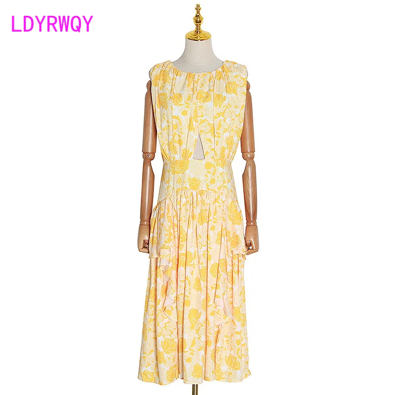 

Spring 2020 new fashion women's round neck sleeveless pleated waistband printed ruffled dress Office Lady Polyester