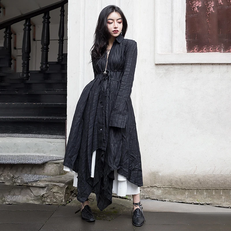 Женское платье рубашка [EAM] черное с отложным воротником и длинным рукавом со