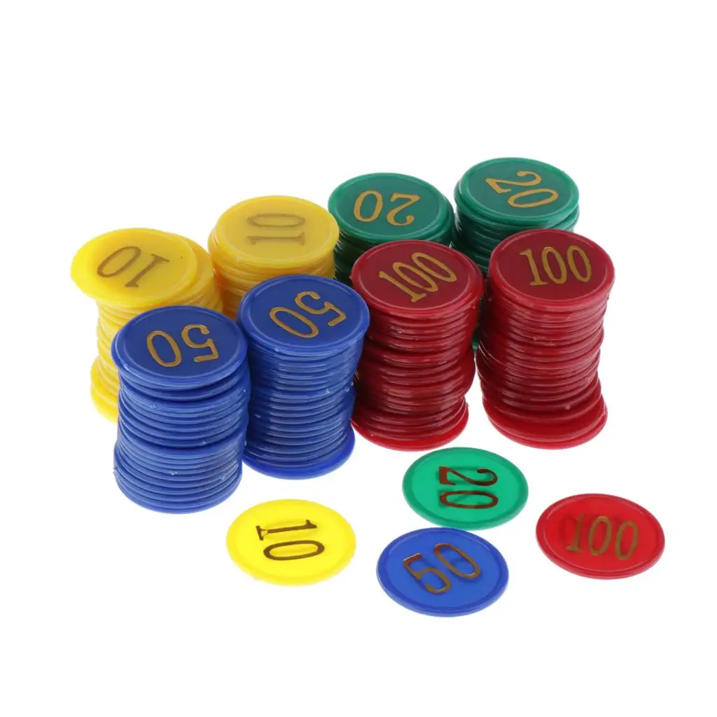 

160pcs/pack Plastic Poker Chips Counters with Values Numbers on Them, Yellow/10, Green/20, Blue/50, Red/100