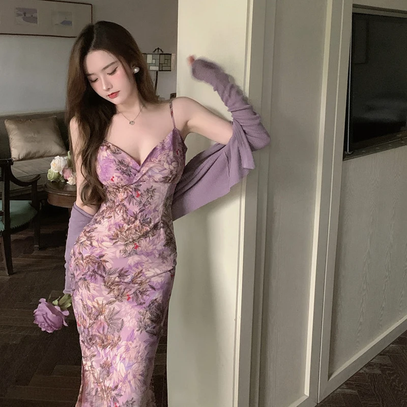 

Elegant Women's Summer Dress 2021 V Neck Purple Robe Club Sexy Long dress Ladies Slim Party Spaghetti Strap Maxi dresses Femme